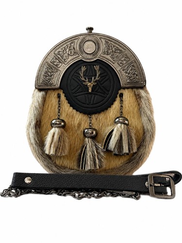 Skin leather sporran with stag - leather,